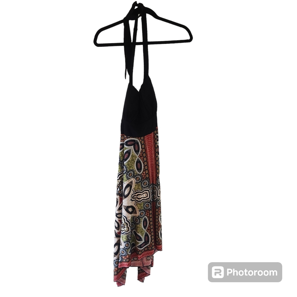 Corey P black. Red, and green dress. Ties up in the back. Back is partially out.